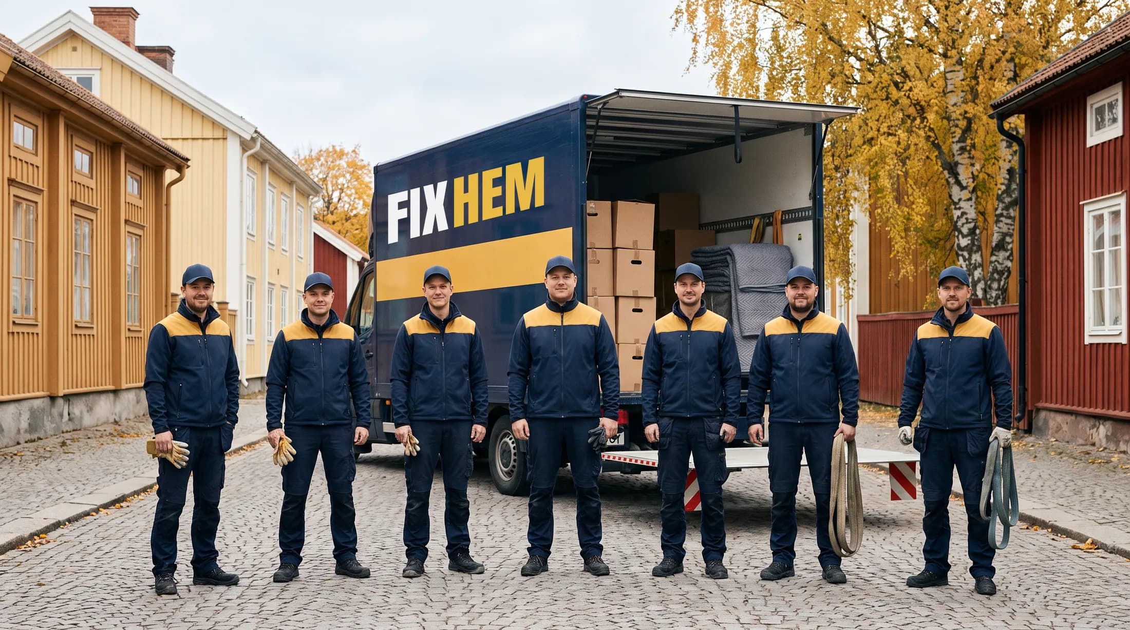 Fixhems flyttpersonal framför flyttbilen på en gata i Köping