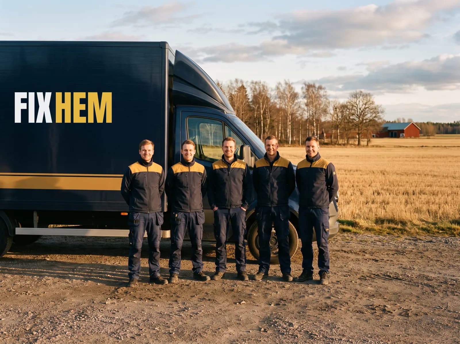 Fixhems flyttare framför flyttbilen i kvällsljus