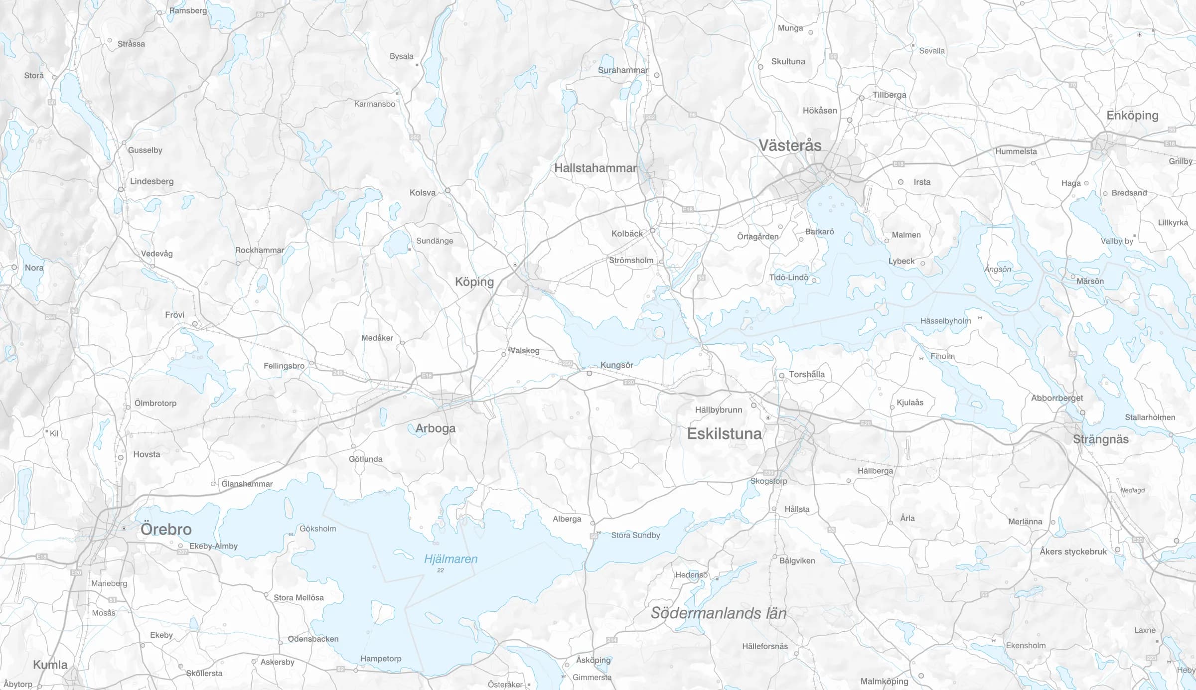 Karta över Mälardalen med Köping, Västerås, Örebro och Strängnäs